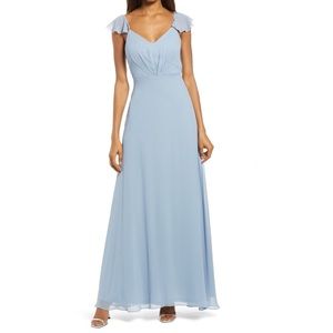 BIRDY GREY Flutter Sleeve Chiffon Gown, Size Large in Dusty Blue at Nordstrom